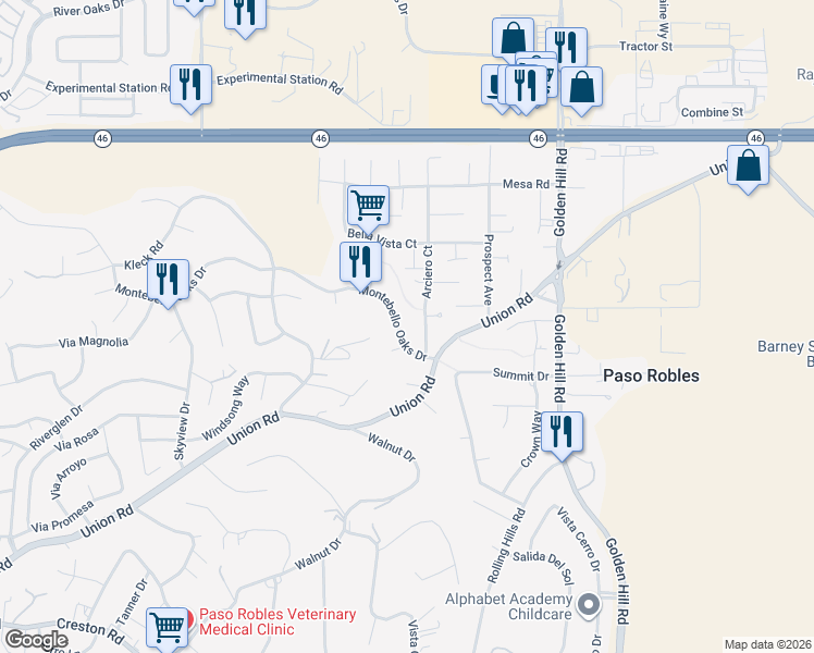 map of restaurants, bars, coffee shops, grocery stores, and more near 425 Montebello Oaks Drive in Paso Robles