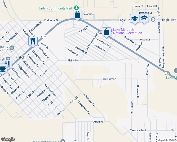 map of restaurants, bars, coffee shops, grocery stores, and more near 1-7 Cowboy Lane in Fritch