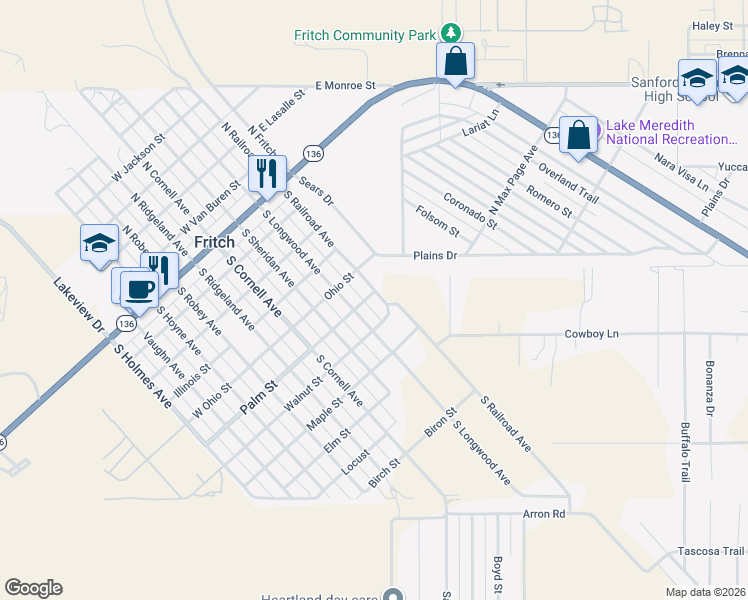 map of restaurants, bars, coffee shops, grocery stores, and more near 101 West Palm Street in Fritch