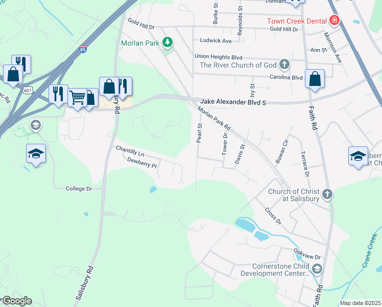 map of restaurants, bars, coffee shops, grocery stores, and more near 325 Pearl Street in Salisbury