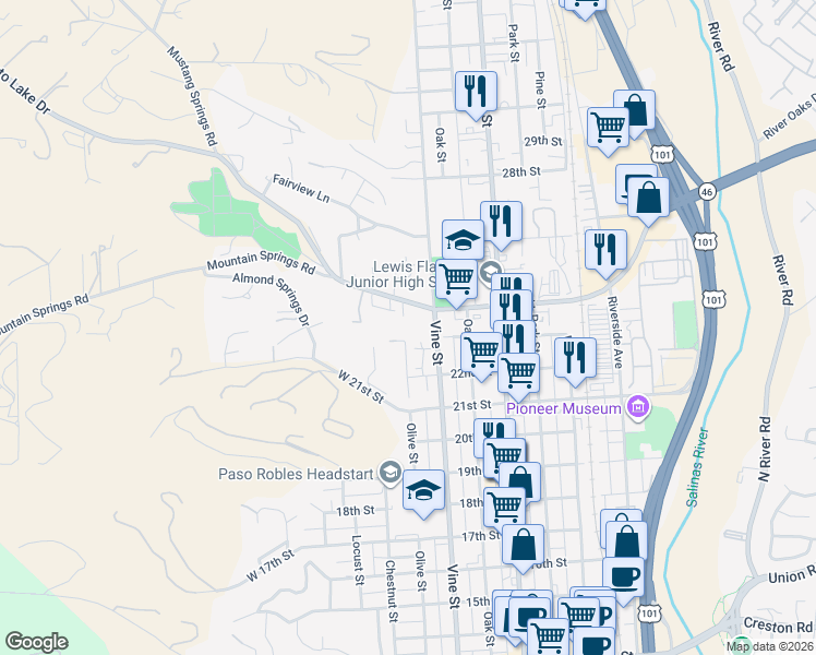 map of restaurants, bars, coffee shops, grocery stores, and more near 2322 Olive Street in Paso Robles