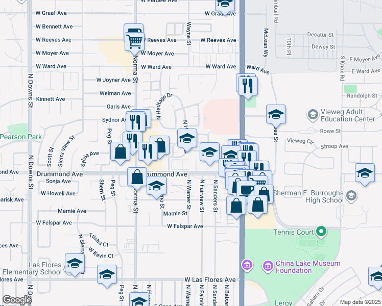 map of restaurants, bars, coffee shops, grocery stores, and more near 243 President Way in Ridgecrest