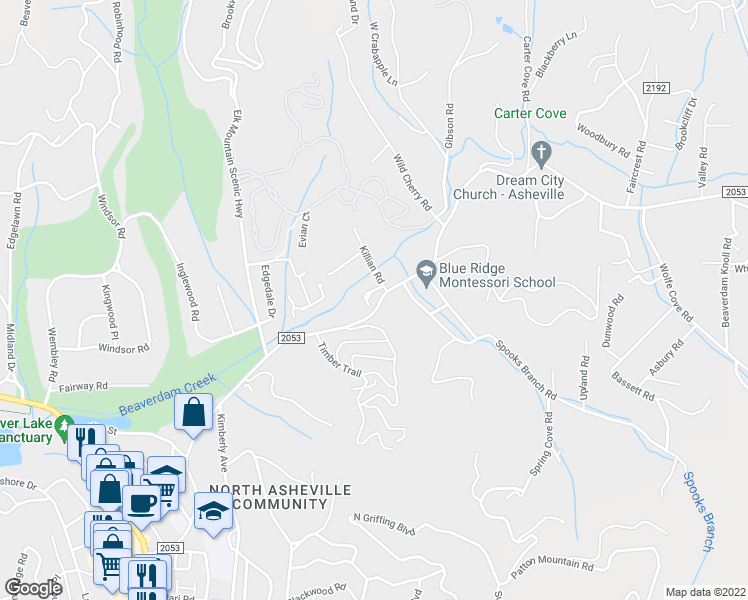 map of restaurants, bars, coffee shops, grocery stores, and more near 3 Stuart Circle in Asheville