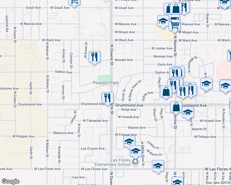 map of restaurants, bars, coffee shops, grocery stores, and more near 921 Hurschell Avenue in Ridgecrest