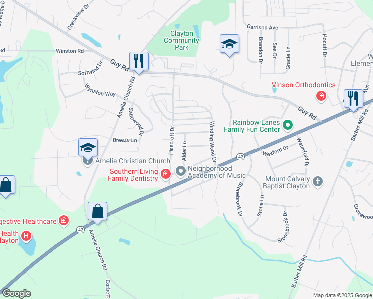 map of restaurants, bars, coffee shops, grocery stores, and more near 200 Bentwood Lane in Clayton