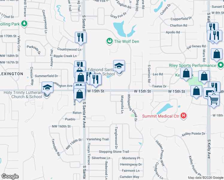 map of restaurants, bars, coffee shops, grocery stores, and more near 1901 West 15th Street in Edmond