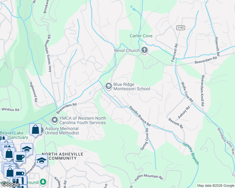 map of restaurants, bars, coffee shops, grocery stores, and more near 54 Spooks Branch Road in Asheville