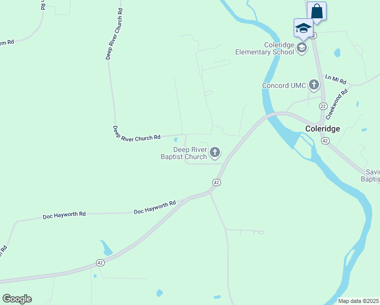 map of restaurants, bars, coffee shops, grocery stores, and more near 3987 Deep River Church Road in Ramseur