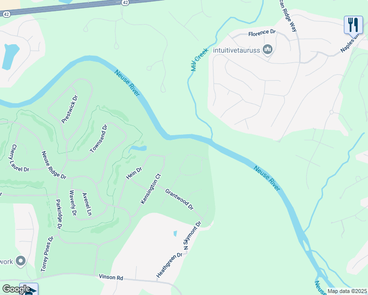 map of restaurants, bars, coffee shops, grocery stores, and more near 107 Riverglade Drive in Clayton