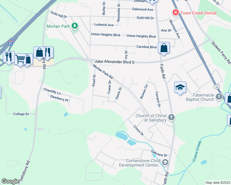 map of restaurants, bars, coffee shops, grocery stores, and more near 1203 Tower Drive in Salisbury