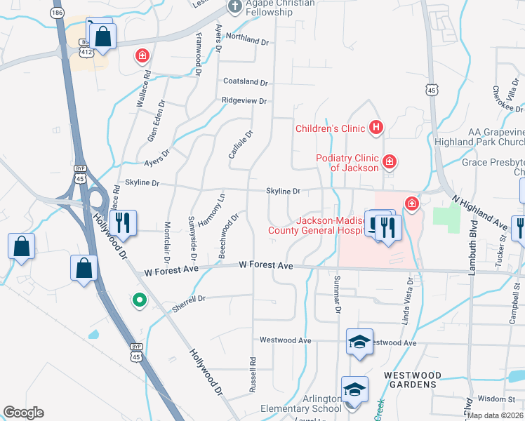 map of restaurants, bars, coffee shops, grocery stores, and more near 103 Woodhaven Dr in Jackson