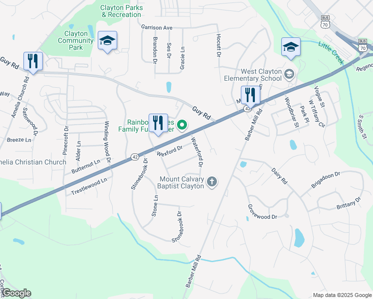 map of restaurants, bars, coffee shops, grocery stores, and more near 232 Wexford Dr in Clayton