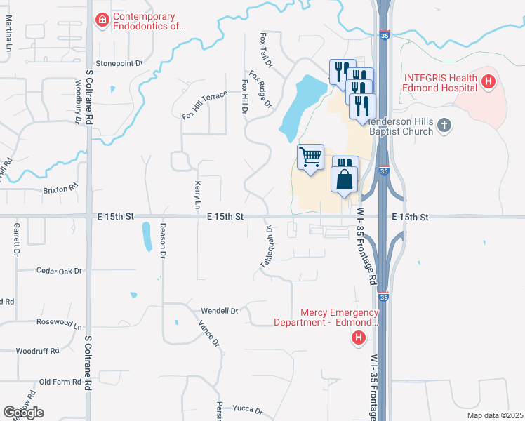 map of restaurants, bars, coffee shops, grocery stores, and more near 1413 Fox Lake Lane in Edmond