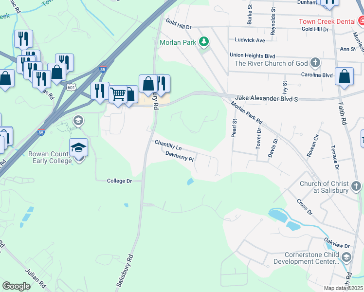 map of restaurants, bars, coffee shops, grocery stores, and more near 1722 Chantilly Lane in Salisbury