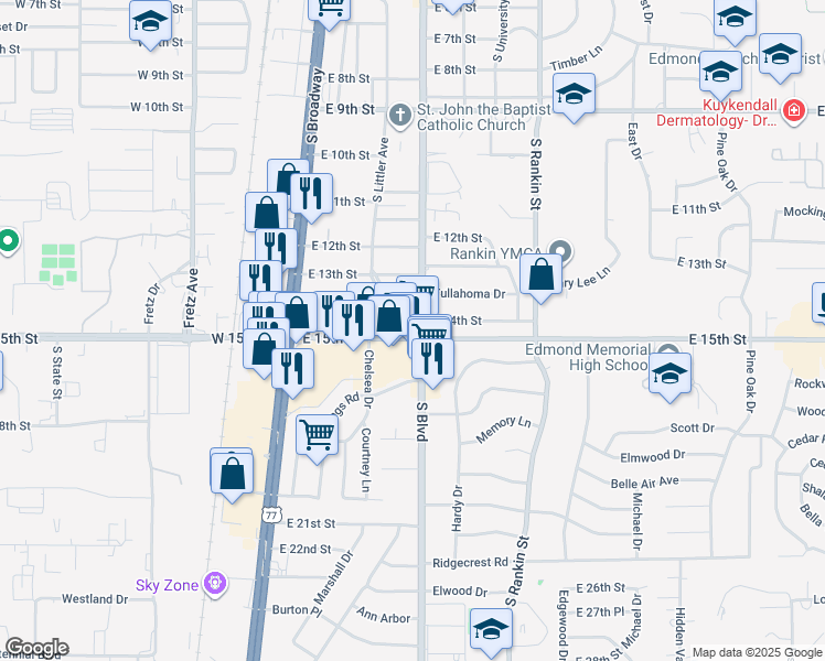 map of restaurants, bars, coffee shops, grocery stores, and more near 1415 South Boulevard in Edmond