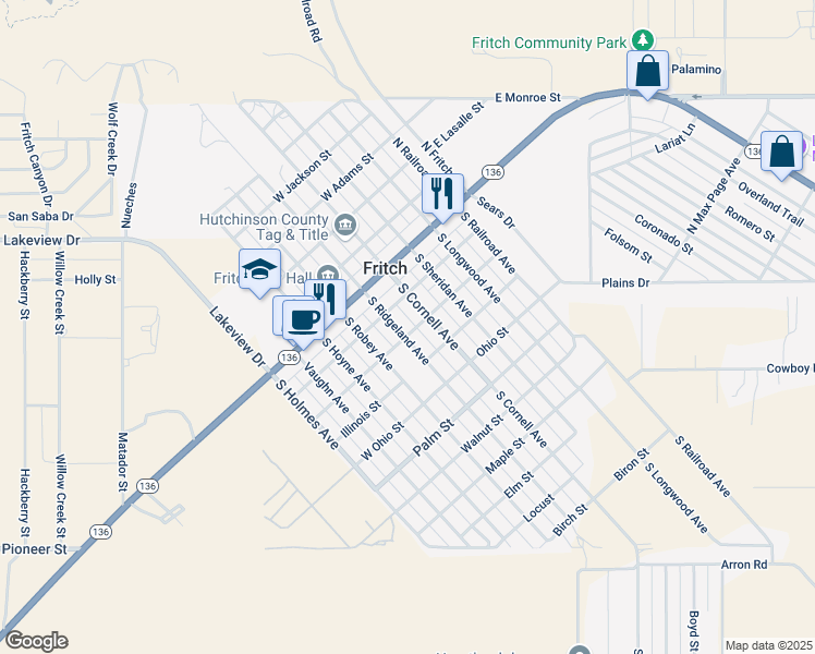 map of restaurants, bars, coffee shops, grocery stores, and more near West Wisconsin Street in Fritch