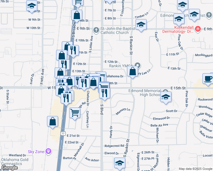 map of restaurants, bars, coffee shops, grocery stores, and more near 208 East 14th Street in Edmond
