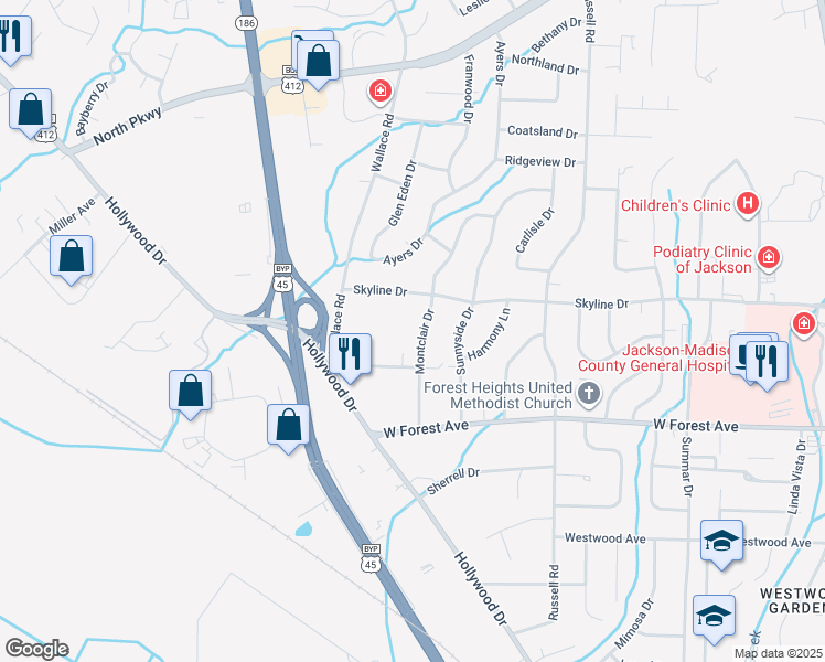 map of restaurants, bars, coffee shops, grocery stores, and more near 93 Montclair Dr in Jackson