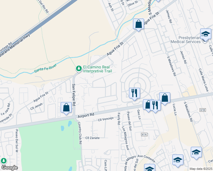 map of restaurants, bars, coffee shops, grocery stores, and more near 6389 Vuelta Ventura in Santa Fe