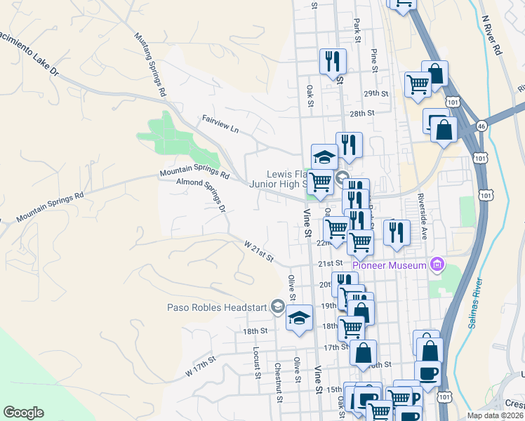 map of restaurants, bars, coffee shops, grocery stores, and more near 2330 Wild Deer Court in Paso Robles