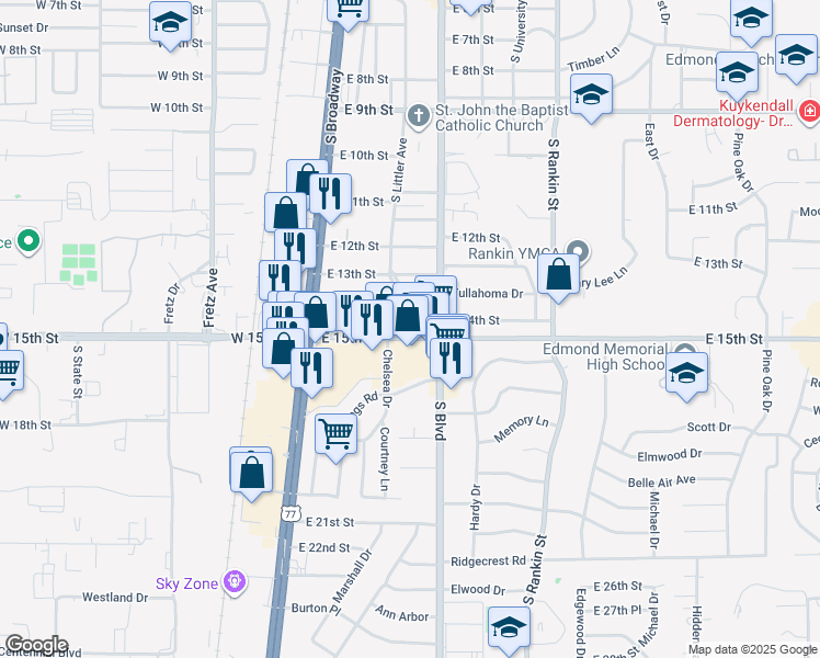 map of restaurants, bars, coffee shops, grocery stores, and more near 1407 South Littler Avenue in Edmond