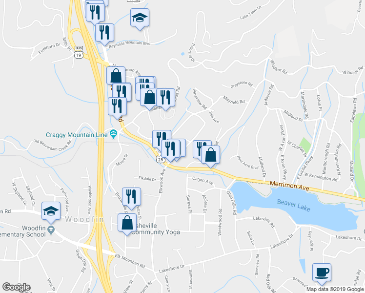 map of restaurants, bars, coffee shops, grocery stores, and more near 32 Elkmont Drive in Asheville