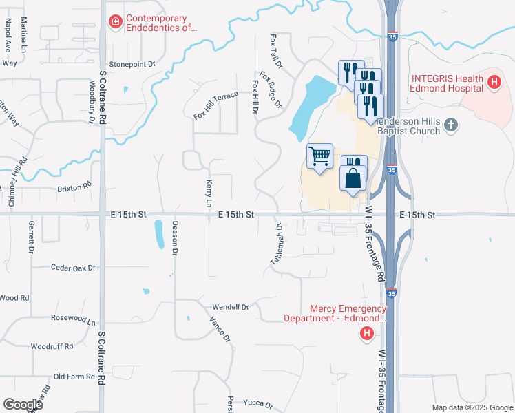 map of restaurants, bars, coffee shops, grocery stores, and more near 1413 Fox Lake Lane in Edmond
