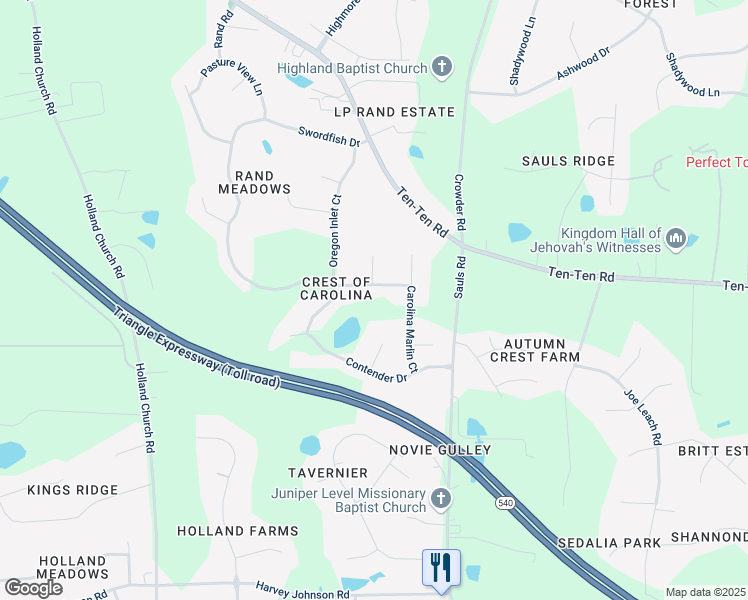 map of restaurants, bars, coffee shops, grocery stores, and more near 5016 Swordfish Drive in Raleigh