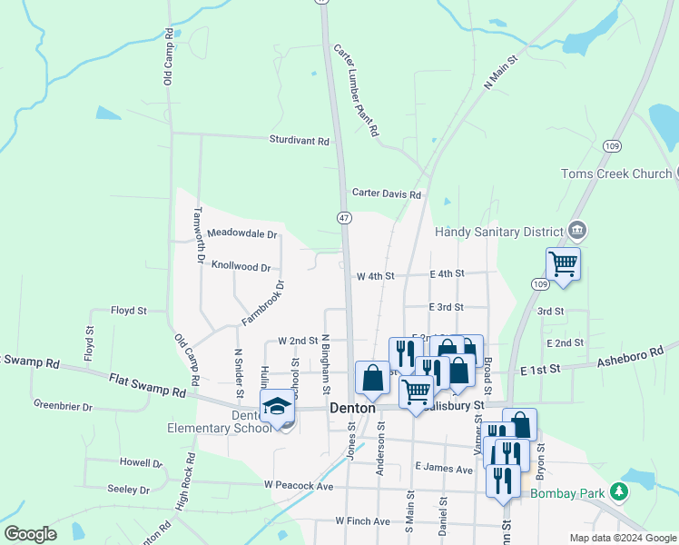 map of restaurants, bars, coffee shops, grocery stores, and more near 355 North Jones Street in Denton