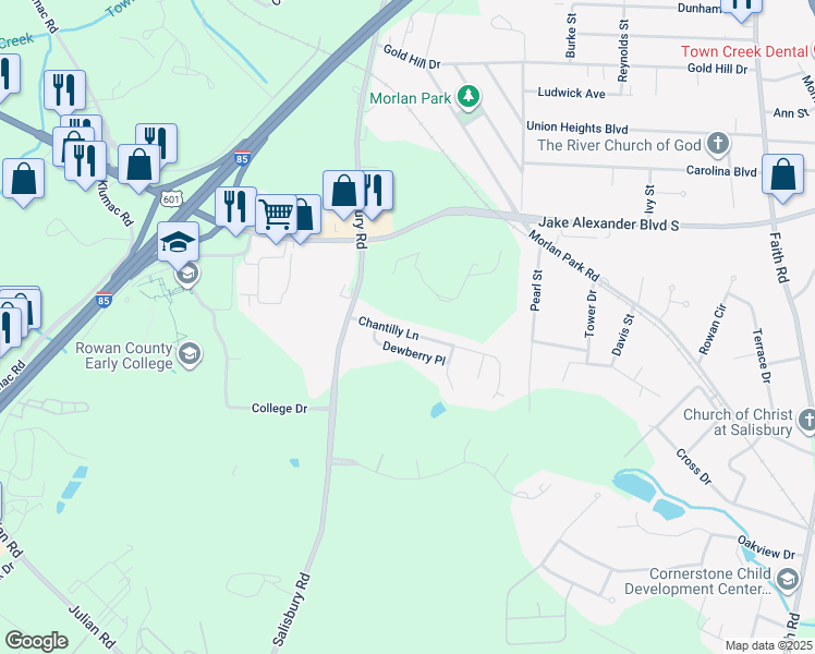 map of restaurants, bars, coffee shops, grocery stores, and more near 1722 Chantilly Ln in Salisbury
