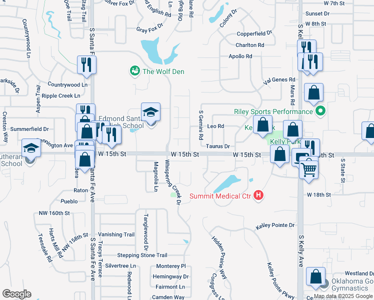 map of restaurants, bars, coffee shops, grocery stores, and more near 1421 Del Norte Drive in Edmond