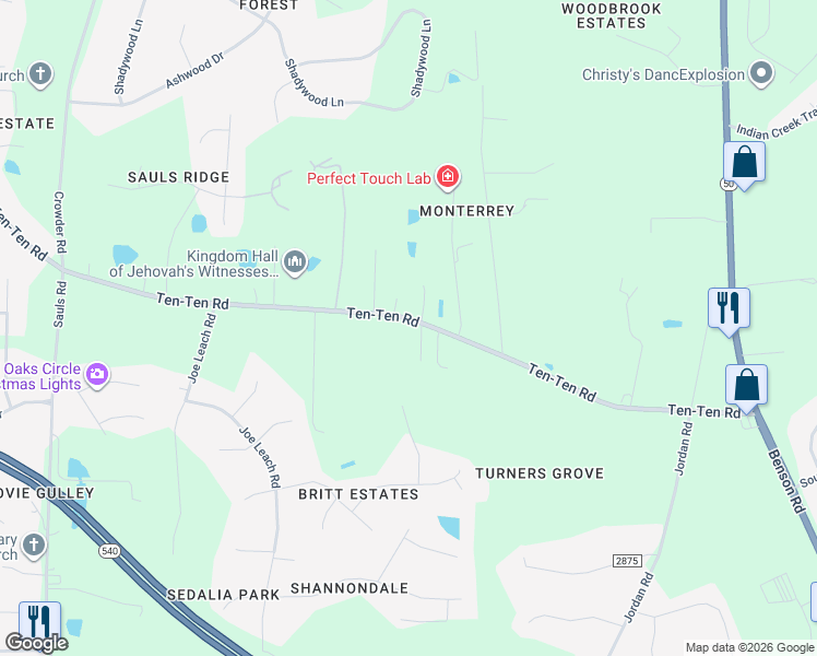 map of restaurants, bars, coffee shops, grocery stores, and more near 10524 Ten-Ten Road in Raleigh