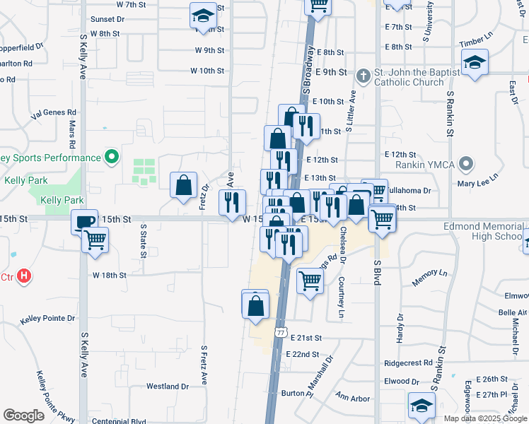 map of restaurants, bars, coffee shops, grocery stores, and more near 1427 South Broadway in Edmond