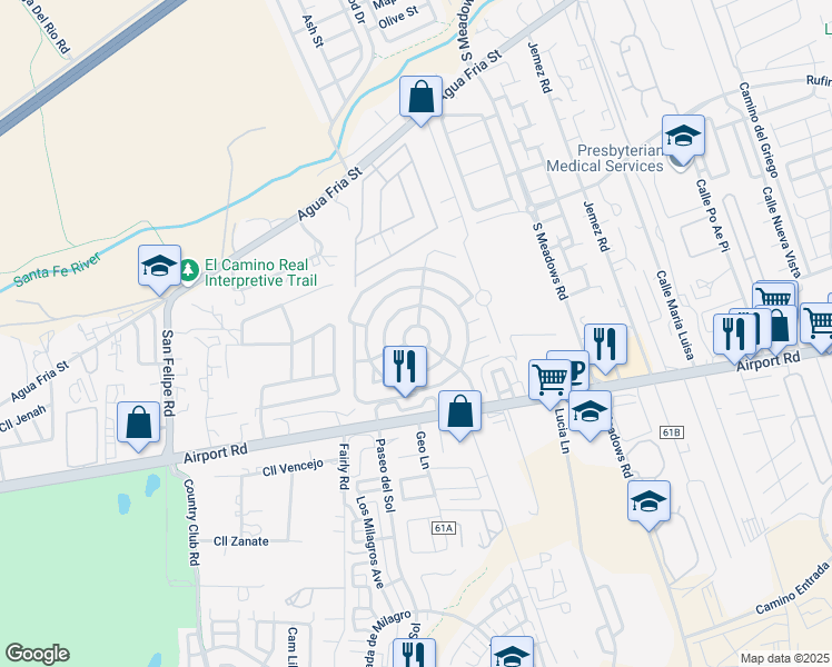 map of restaurants, bars, coffee shops, grocery stores, and more near 99 Camino San Jose in Santa Fe