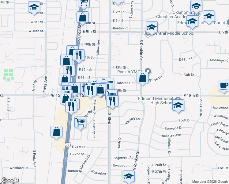 map of restaurants, bars, coffee shops, grocery stores, and more near 208 East 14th Street in Edmond