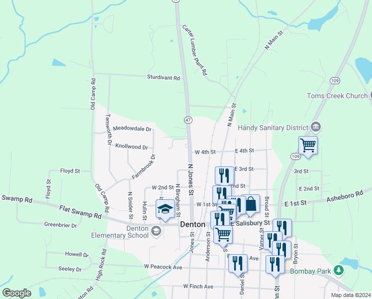 map of restaurants, bars, coffee shops, grocery stores, and more near 355 North Jones Street in Denton