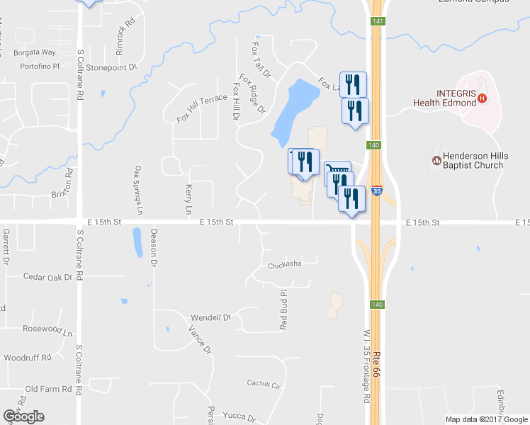 map of restaurants, bars, coffee shops, grocery stores, and more near 1404 Fox Lake Lane in Edmond