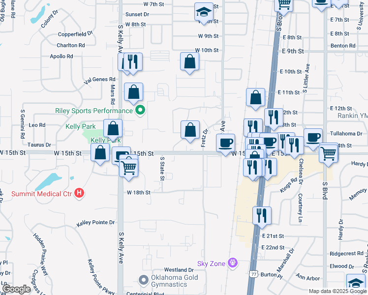 map of restaurants, bars, coffee shops, grocery stores, and more near 415 West 15th Street in Edmond