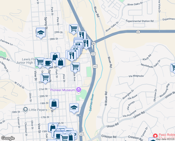 map of restaurants, bars, coffee shops, grocery stores, and more near 2198 Riverside Avenue in Paso Robles