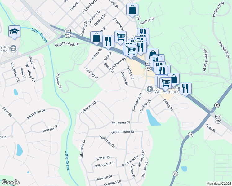 map of restaurants, bars, coffee shops, grocery stores, and more near 319 Black Oak Court in Clayton