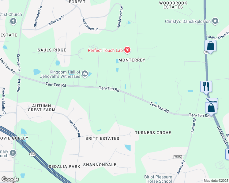 map of restaurants, bars, coffee shops, grocery stores, and more near 10520 Ten-Ten Road in Raleigh