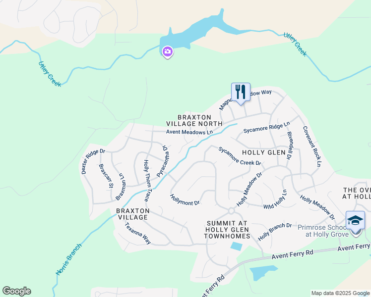 map of restaurants, bars, coffee shops, grocery stores, and more near 205 Gillean Lane in Holly Springs