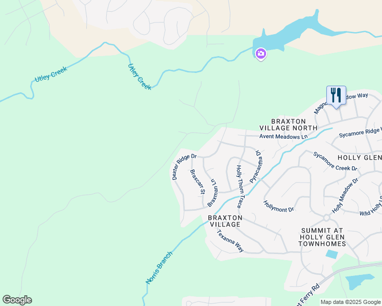 map of restaurants, bars, coffee shops, grocery stores, and more near 1228 Dexter Ridge Drive in Holly Springs