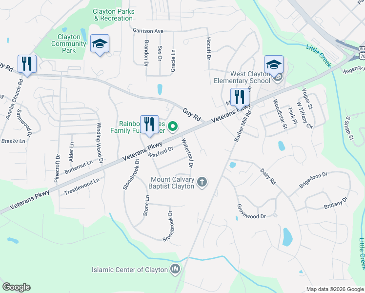 map of restaurants, bars, coffee shops, grocery stores, and more near 232 Wexford Drive in Clayton