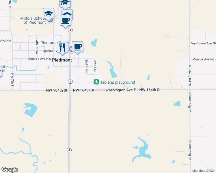 map of restaurants, bars, coffee shops, grocery stores, and more near 495 Washington Avenue East in Piedmont