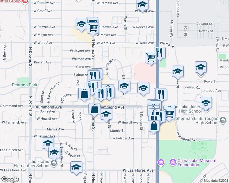 map of restaurants, bars, coffee shops, grocery stores, and more near 919 North Heritage Drive in Ridgecrest