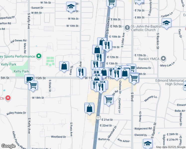 map of restaurants, bars, coffee shops, grocery stores, and more near 1427 South Broadway in Edmond