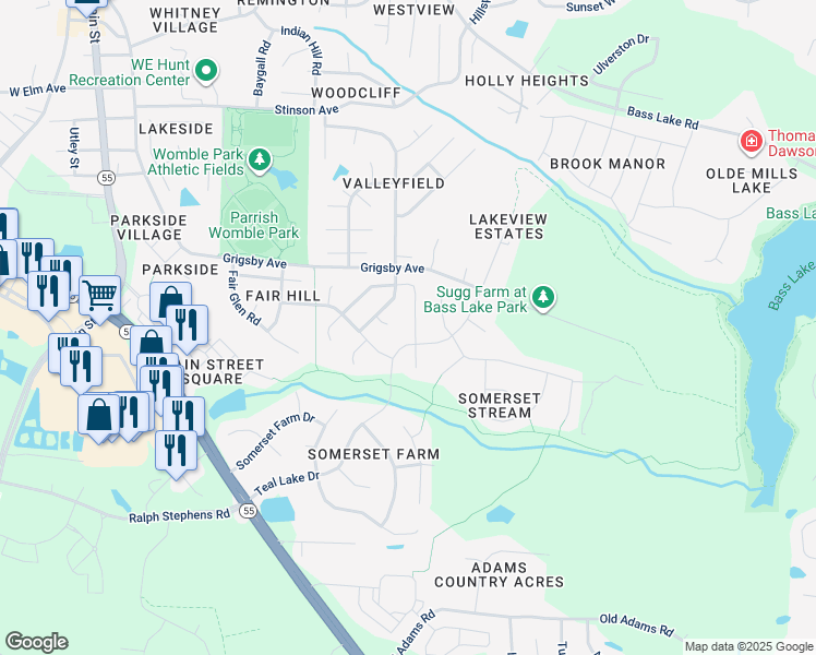 map of restaurants, bars, coffee shops, grocery stores, and more near 128 Cassada Court in Holly Springs
