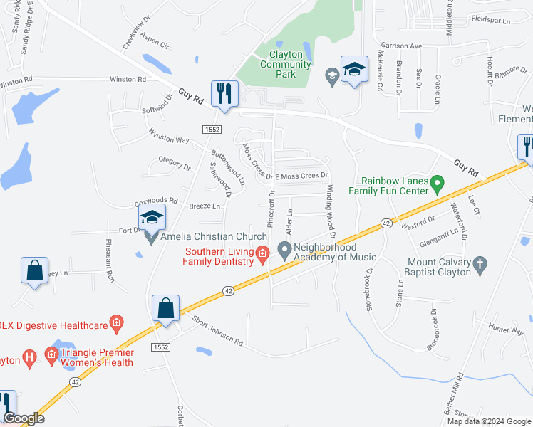 map of restaurants, bars, coffee shops, grocery stores, and more near 244 Pinecroft Drive in Clayton