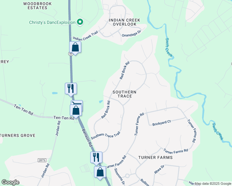 map of restaurants, bars, coffee shops, grocery stores, and more near 1204 Red Brick Road in Garner